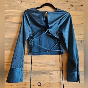 Milk & Honey silky teal tie-back crop top, size M